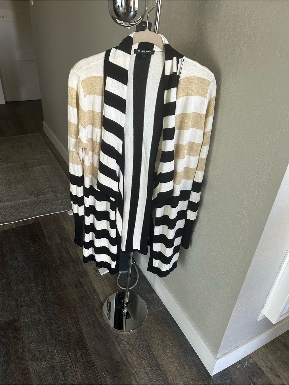 Striped Open-Front Cardigan in Black, White & Gold